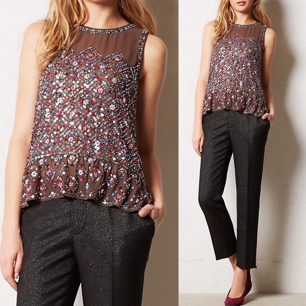 Anthropologie Brown Beaded Floral Sleeveless Top